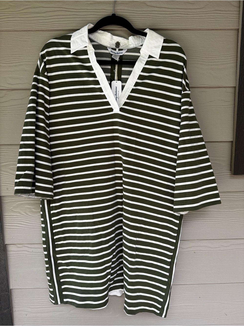 Tommy Bahama Jovanna Stripe 3/4 Sleeve Polo‎ Neck Dress Olive Tree